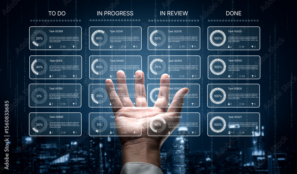 Poster task management tool dashboard showing kanban-style workflow with columns for to do, in progress, in