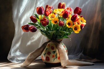 Tulips and Golden Marigold Bouquet with Lush Greenery. Floral Bouquet Background