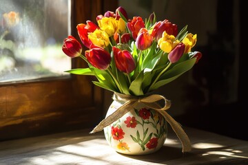 Red Tulip Arrangement with Lush Leaves. Floral Bouquet Background