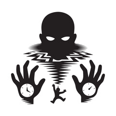 Black silhouette of a figure with clocks on hands white