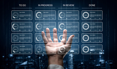 Task management tool dashboard showing kanban-style workflow with columns for to do, in progress,...