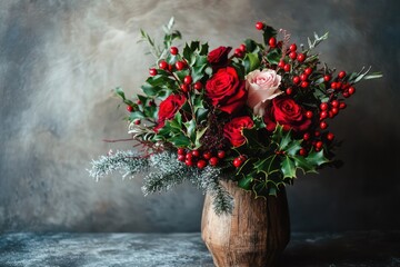Holly and Red Berry Bouquet with Lush Green Leaves. Floral Bouquet Background