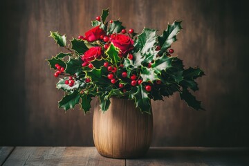 Red Berry Bouquet with Vibrant Winter Foliage. Floral Bouquet Background