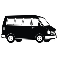 Silhouette of a Black Passenger Van with Windows, Wheels, and Headlights Visible