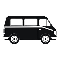 Black silhouette illustration of a classic camper van with multiple windows and tires