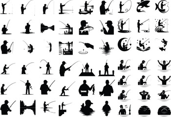 Fishing Rod Vector Icons – Outdoor Hobby Silhouette Pack Man with Fishing Rod Silhouette Set – Peaceful Angling Icon Collection