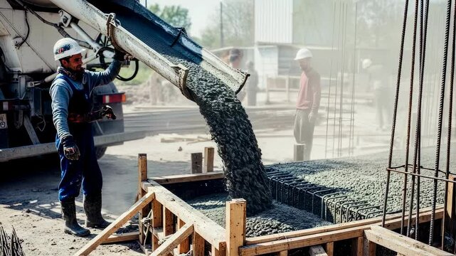 Man working on a construction site, pouring wet concrete from a truck into a foundation pit with rebar, building process footage.
