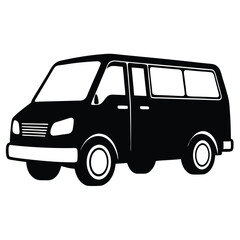 Silhouette Illustration of a Passenger Van with Side Windows and Tires Detailed in Black