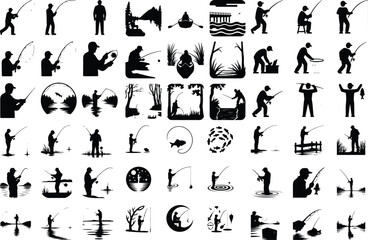 Fishing Rod Vector Icons – Outdoor Hobby Silhouette Pack Man with Fishing Rod Silhouette Set – Peaceful Angling Icon Collection