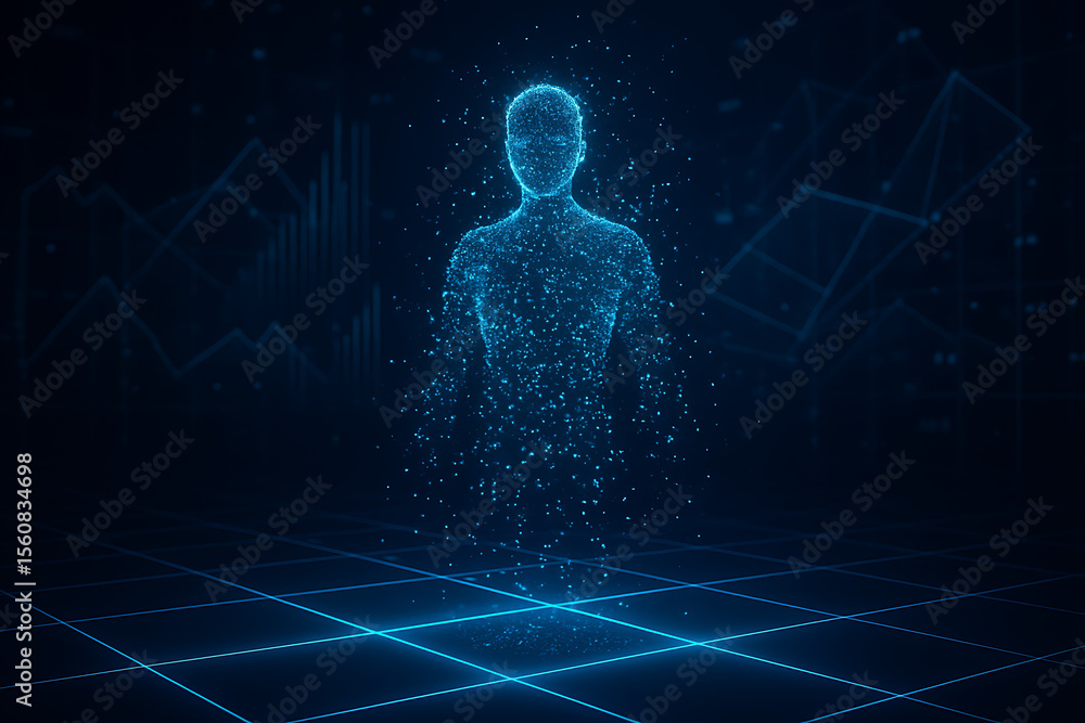 Poster ai transformation glow with digital human body composed of blue particles representing advanced arti