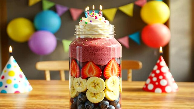 Layered smoothie parfait in glass jar, topped with whipped cream and candles, on table with party decorations