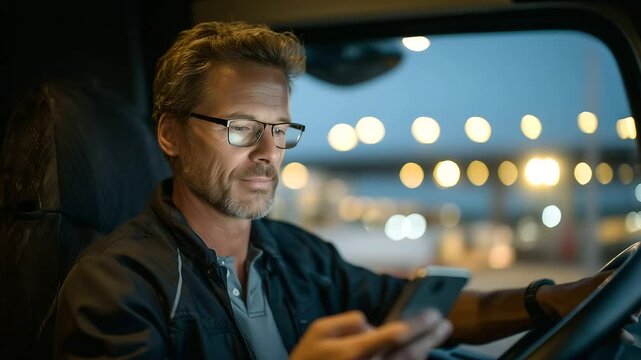 Driver gazes at map app on phone while fueling semi-truck, glowing dashboard and depot lights illuminating his focused face.