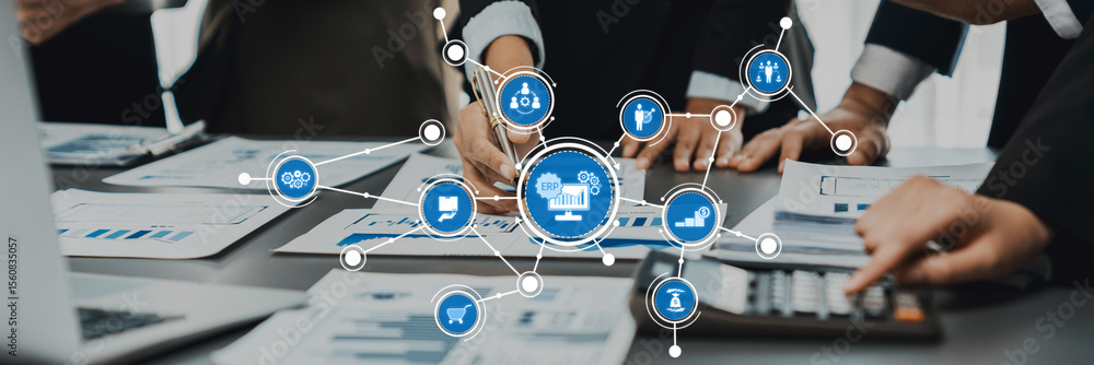 Poster a modern office scene where professionals engage in teamwork, utilizing digital tools and analytics 