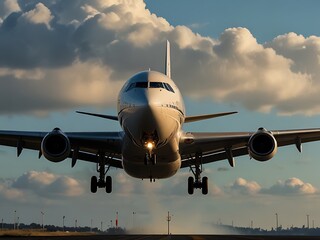 A commercial airplane is captured front-on as it lands or takes off on a runway under a partly cloudy sky during golden hour.