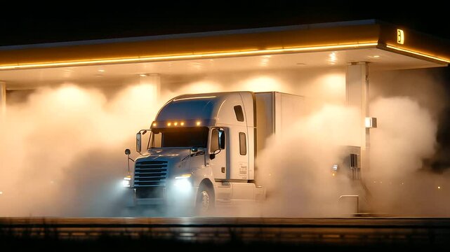 Semi-truck idling under vapor-lit roof, exhaust smoke mixing with night fog, driver leaning on side mirror in moment of pause.