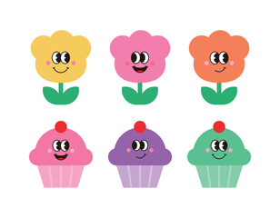Cute cartoon cupcakes and smiling flower characters are perfect for kids designs, greeting cards or spring themed decorations.