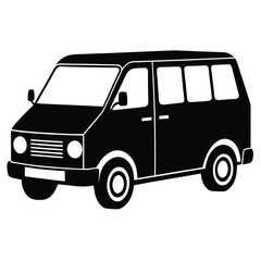Black Silhouette of a Minivan with Windows, Wheels, and Front Grille Detail