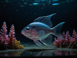 Fototapeta premium A vibrant fish swims near colorful coral reefs under deep blue ocean water, showcasing marine life in a serene underwater scene.