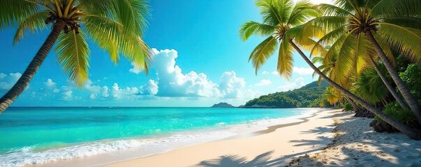 Sun-Drenched Beach Scene Turquoise Ocean Waves Crash Gently on the Shore, Lush Palm Trees Swaying in a Warm Summer Breeze.  Perfect for travel, vacation, and summer-themed projects.