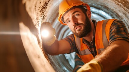 Construction worker examines underground tunnel with flashlight while wearing safety gear in urban setting