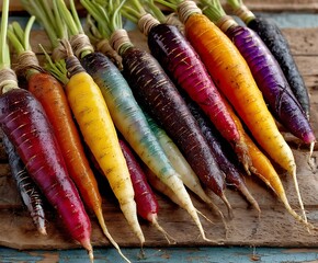 a collection of root vegetables is displayed on a weathered wooden surface. the vegetables are arranged in a row, showcasing a spectrum of colors from dark purple to bright yellow