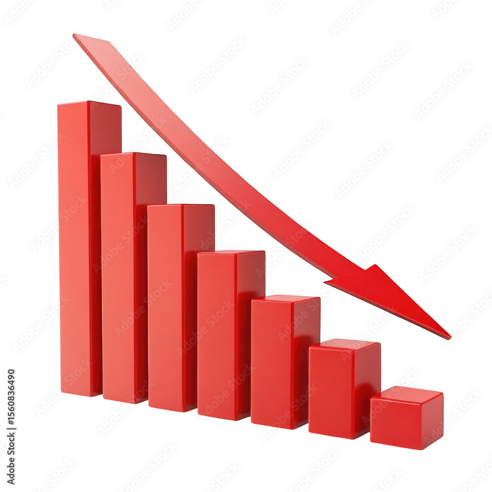Poster 3d red bar graph showing decline isolated on transparent background