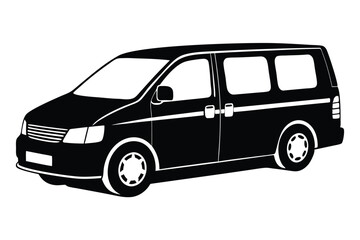 Sleek Black Minivan Silhouette Featuring Sliding Doors, Headlights, and Alloy Wheels Vehicle Image