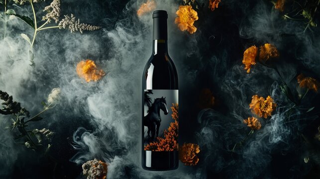 Striking wine bottle surrounded by flowers and smoke in a dark, artistic setting