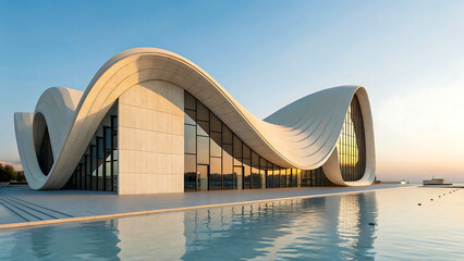 Futuristic Flowing Architecture with Curved Modern Design Under Clear Sky. architecture, futuristic, modern, curved, building