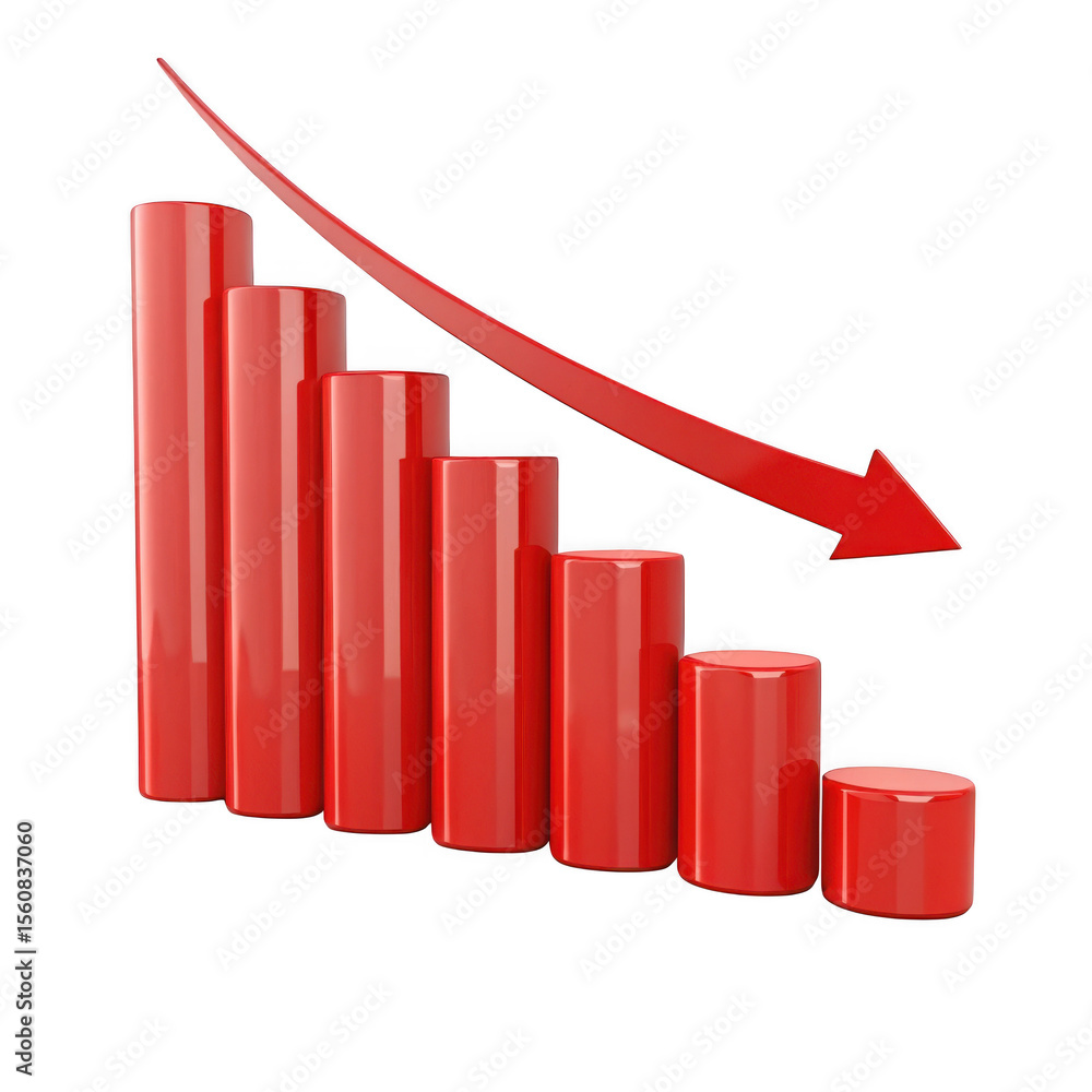 Poster 3d red bar graph showing decline isolated on transparent background