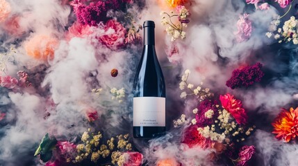 Wine bottle adorned with colorful flowers surrounded by ethereal smoke in a creative display