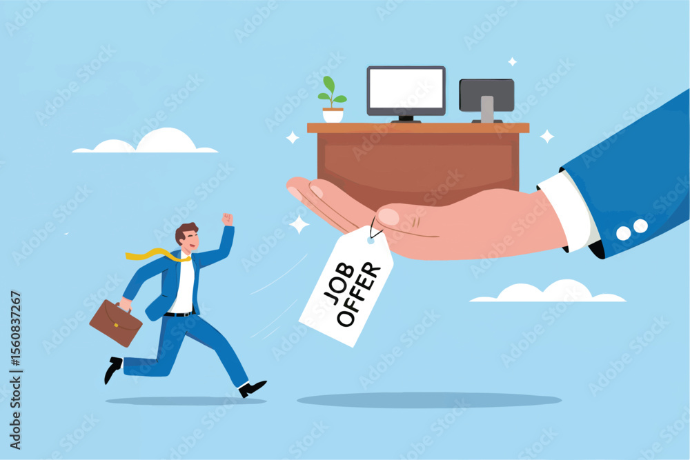 Poster man running towards a job offer from a hand isolated on transparent background