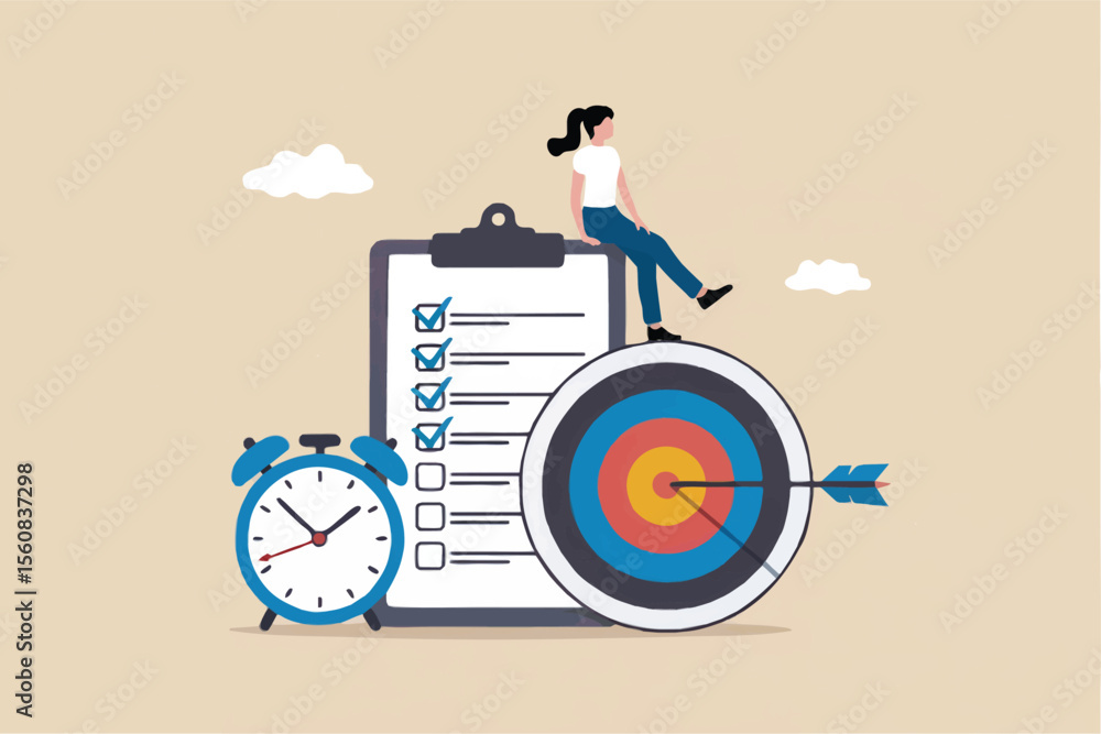 Poster flat cartoon vector illustration of a woman sitting on a target with a checklist and alarm clock iso