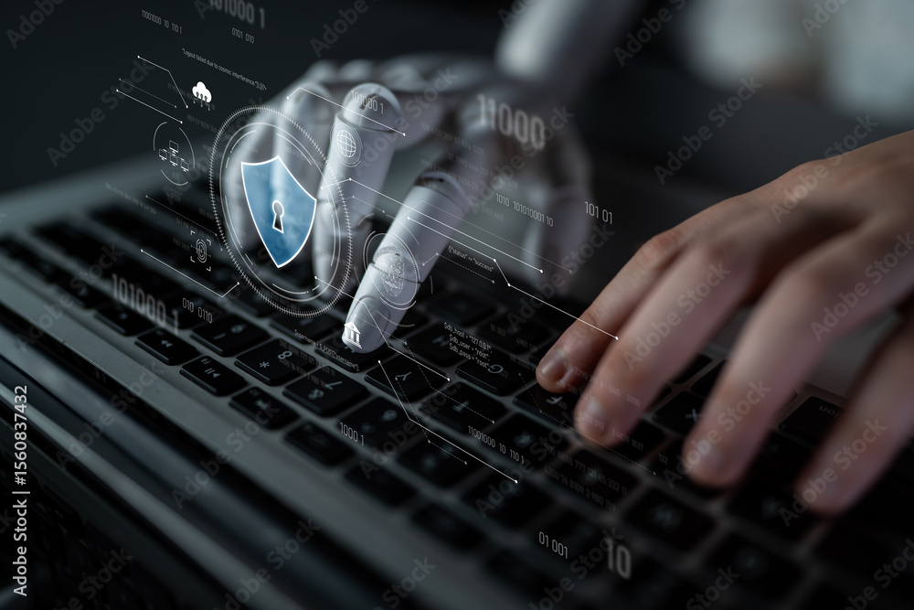 Poster ai securing digital infrastructure, analyzing biometric authentication, monitoring threats, and mana