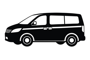 Black silhouette of a minivan with horizontal stripes and round wheels design