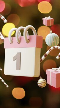 Animation of calendar with 1 number date and christmas decorations