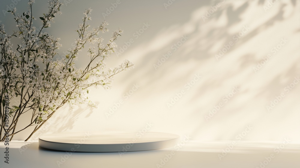 Poster soft light illuminates a serene display with blooming flowers against a neutral backdrop in a tranqu