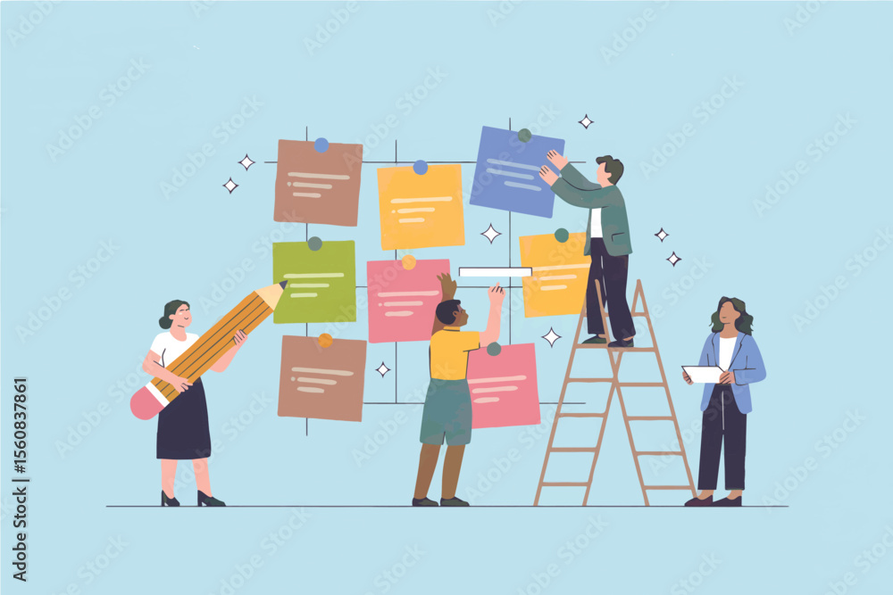 Poster team collaborating on a project with sticky notes and a giant pencil isolated on transparent backgro