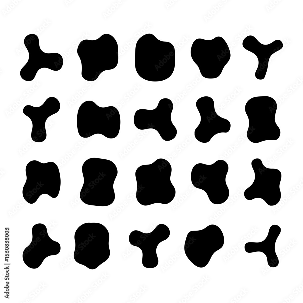 Poster collection of twenty organic black irregular blob shapes with rounded edges on a white background. s