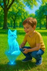 Young Boy Immersed in Augmented Reality with Holographic Forest Animals