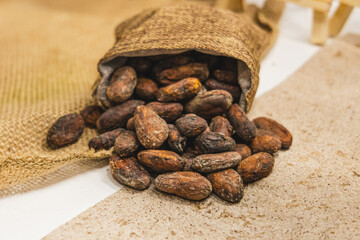Presentation of dried or fermented cacao beans falling from a small sack.