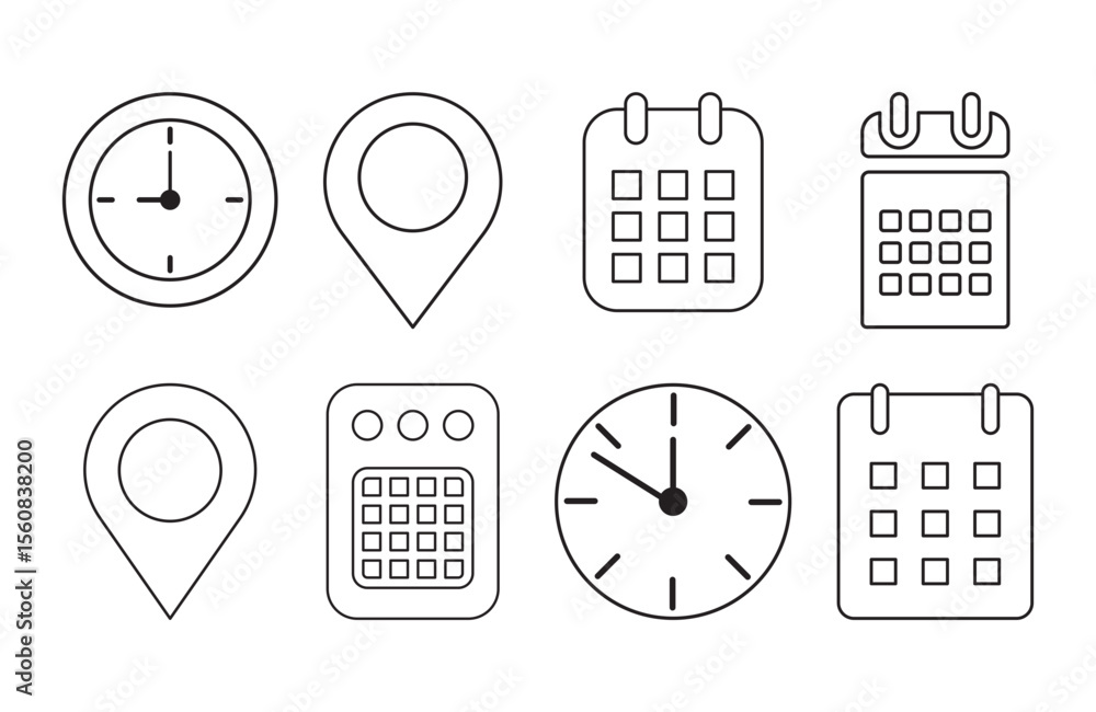 Poster collection of simple outline icons representing time location and scheduling elements for planning a