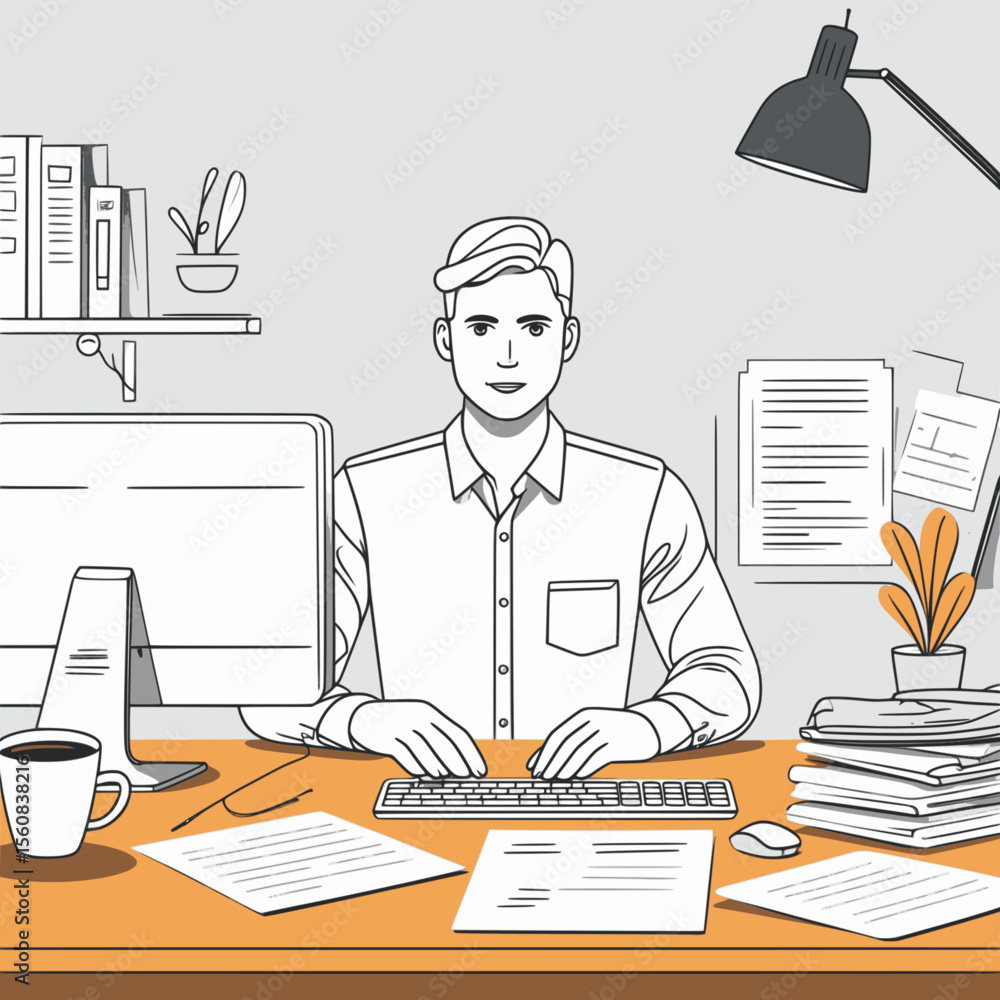 Aufkleber office worker outline vector. professional at computer desk with documents minimalist illustration.