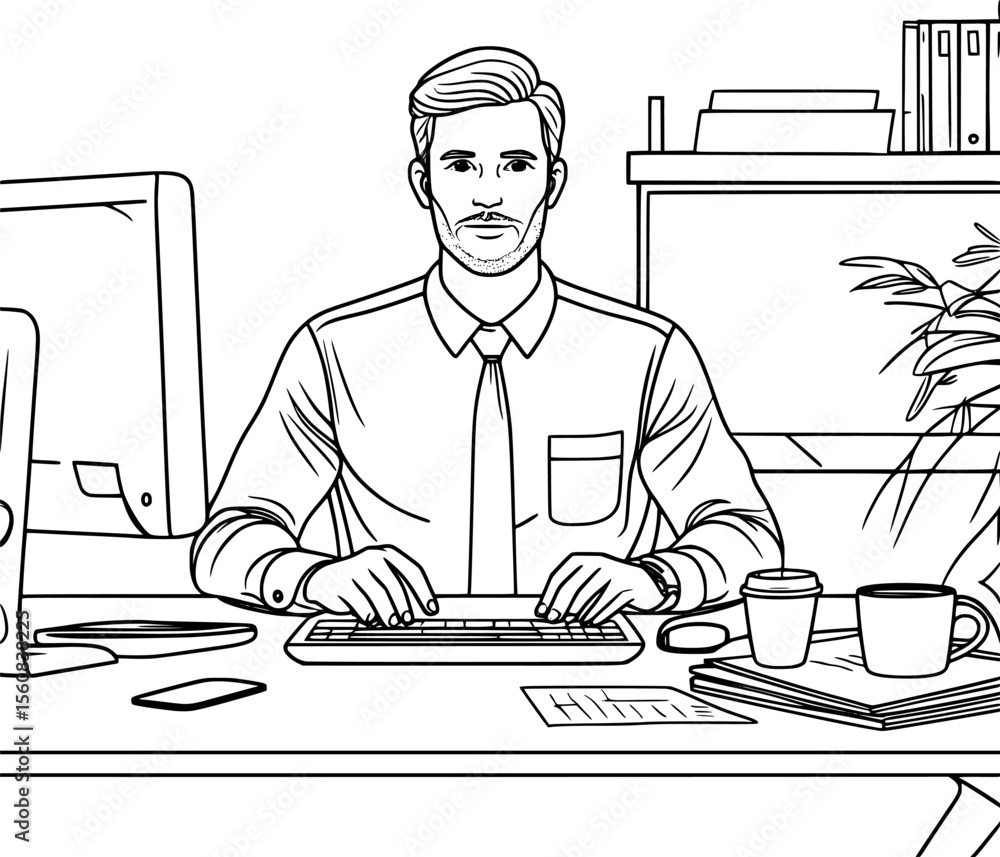 Poster office worker outline vector. professional at computer desk with documents minimalist illustration.