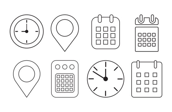 Collection of simple outline icons representing time location and scheduling elements for planning and organization. SVG