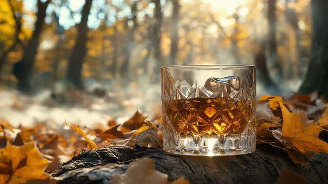 Golden sunlight filters through trees as a glass of whiskey rests on fallen leaves. The tranquil atmosphere invites relaxation and appreciation of autumn's beauty in the woods