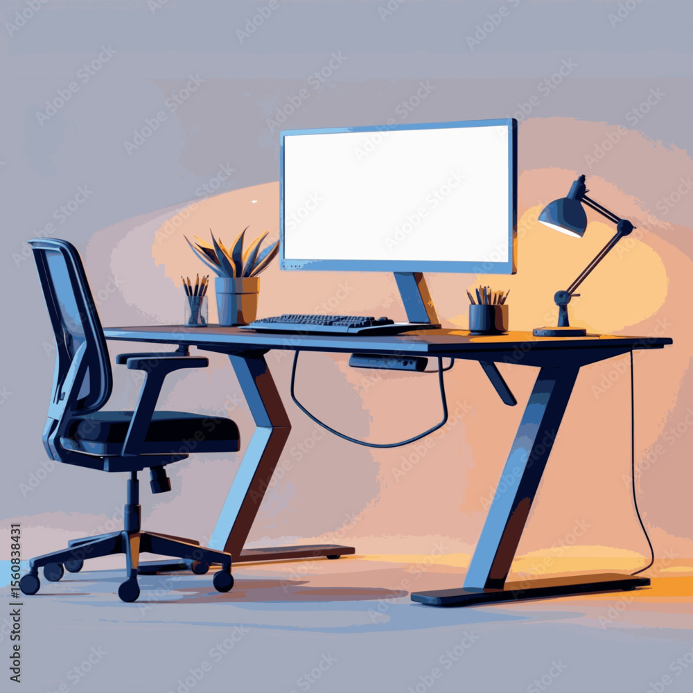 Aufkleber ergonomic workspace outline vector. standing desk setup with monitor and proper lighting design.