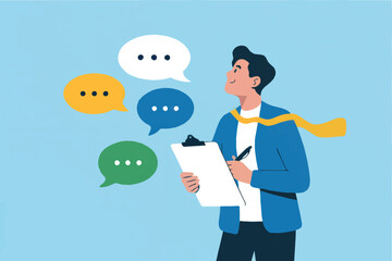 Flat cartoon vector illustration of a man with speech bubbles isolated on transparent background