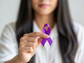 purple ribbon campaign representing awareness for pancreatic cancer, Alzheimer's disease, epilepsy, domestic violence, and lupus, Medical Campaign Purple Ribbon Image, People holding Purple ribbon.