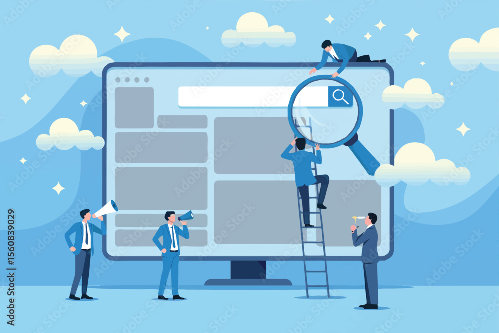 Poster flat cartoon vector illustration of people working on a computer screen with a magnifying glass isol